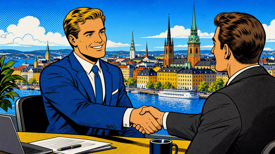 Pop-Art-Comic mit Geschäftsleuten in Stockholm, Symbolbild Skandinaviska Enskilda