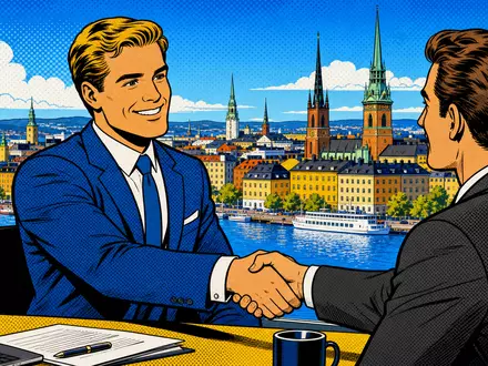 Farbenfrohe Pop-Art-Comicszene mit Geschäftsleuten vor Stockholm illustriert das Kerngeschäft von Skandinaviska Enskilda Banken, ISIN SE0000148884 - Foto: THN