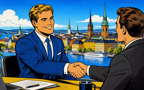 Farbenfrohe Pop-Art-Comicszene mit GeschÀftsleuten vor Stockholm illustriert das KerngeschÀft von Skandinaviska Enskilda Banken, ISIN SE0000148884 - Foto: THN