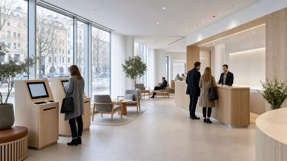 Moderne nordische Bankfiliale mit Holzverkleidung, Kunden und Berater am Schalter