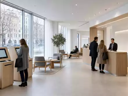 Swedbank AB (SE0000242455) betreibt moderne skandinavische Bankfilialen mit digitalen Terminals und persönlicher Kundenberatung - Foto: THN