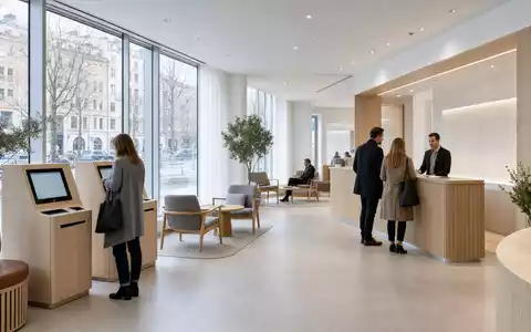 Swedbank AB (SE0000242455) betreibt moderne skandinavische Bankfilialen mit digitalen Terminals und persönlicher Kundenberatung - Foto: THN