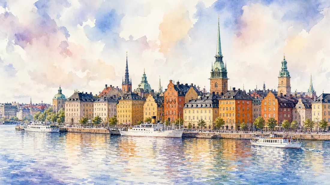 Aquarellmalerei der Stockholmer Altstadt mit bunten Häusern am Wasser