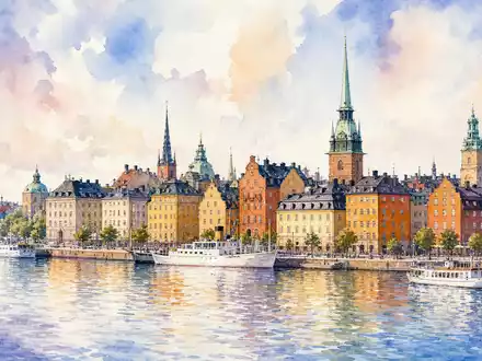Swedbank AB (SE0000242455) hat ihren Hauptsitz in Stockholm, hier dargestellt als stimmungsvolles Aquarellgemälde der Altstadt - Foto: THN
