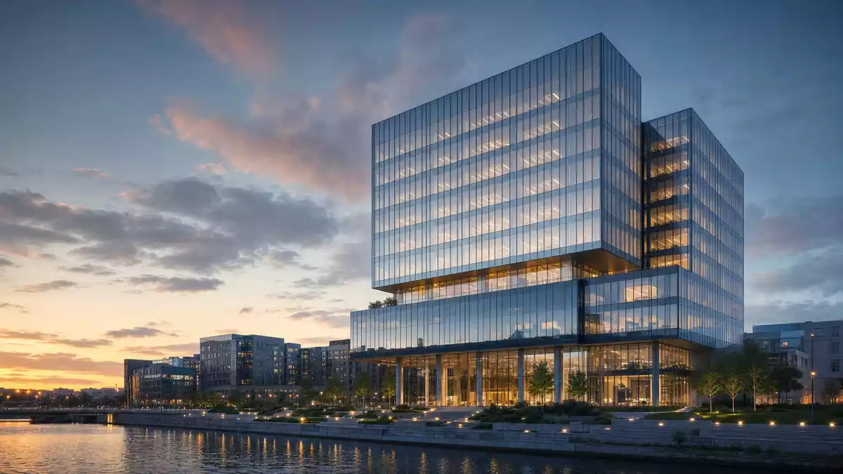 Architektur-Render eines modernen Glas-Bürohochhauses am Wasser bei Abenddämmerung