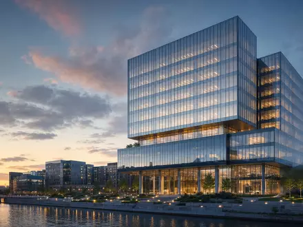 Swedbank AB (SE0000242455) symbolisiert dieses architektonische Render eines gläsernen Bankgebäudes in nordischer Stadtlandschaft - Foto: THN