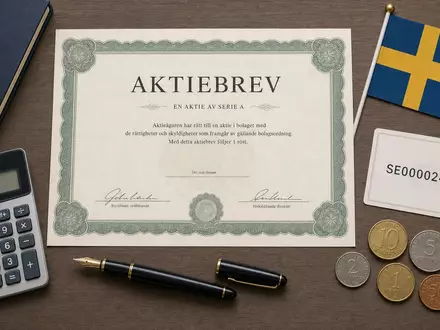 Swedbank AB (SE0000242455) wird hier als Flatlay mit Aktienzertifikat, ISIN-Karte und schwedischen Münzen visualisiert - Foto: THN