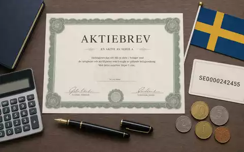 Swedbank AB (SE0000242455) wird hier als Flatlay mit Aktienzertifikat, ISIN-Karte und schwedischen Münzen visualisiert - Foto: THN