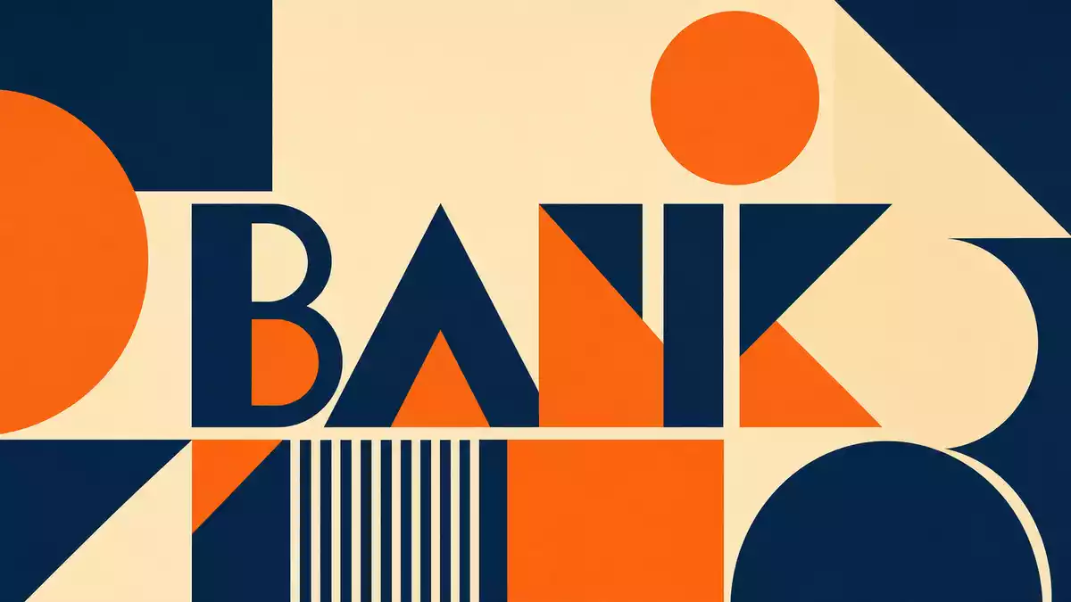 Geometrisches Bauhaus-Poster in Blau und Orange mit großem Schriftzug BANK