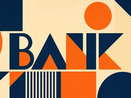 Swedbank AB (SE0000242455) inspiriert dieses geometrische Bauhaus-Poster mit farbenfrohem, stilisiertem Sektor-Schriftzug BANK im Retro-Design - Foto: THN