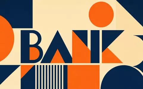 Swedbank AB (SE0000242455) inspiriert dieses geometrische Bauhaus-Poster mit farbenfrohem, stilisiertem Sektor-Schriftzug BANK im Retro-Design - Foto: THN