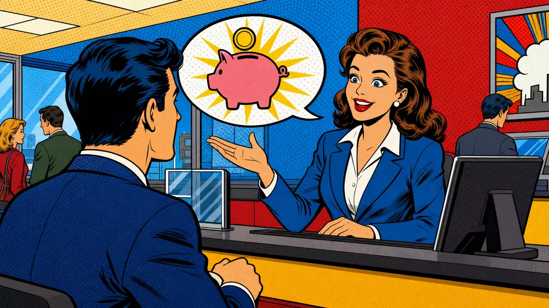 Pop-Art-Comic zeigt lächelnde Bankangestellte und Kunden am Schalter mit Sparschwein