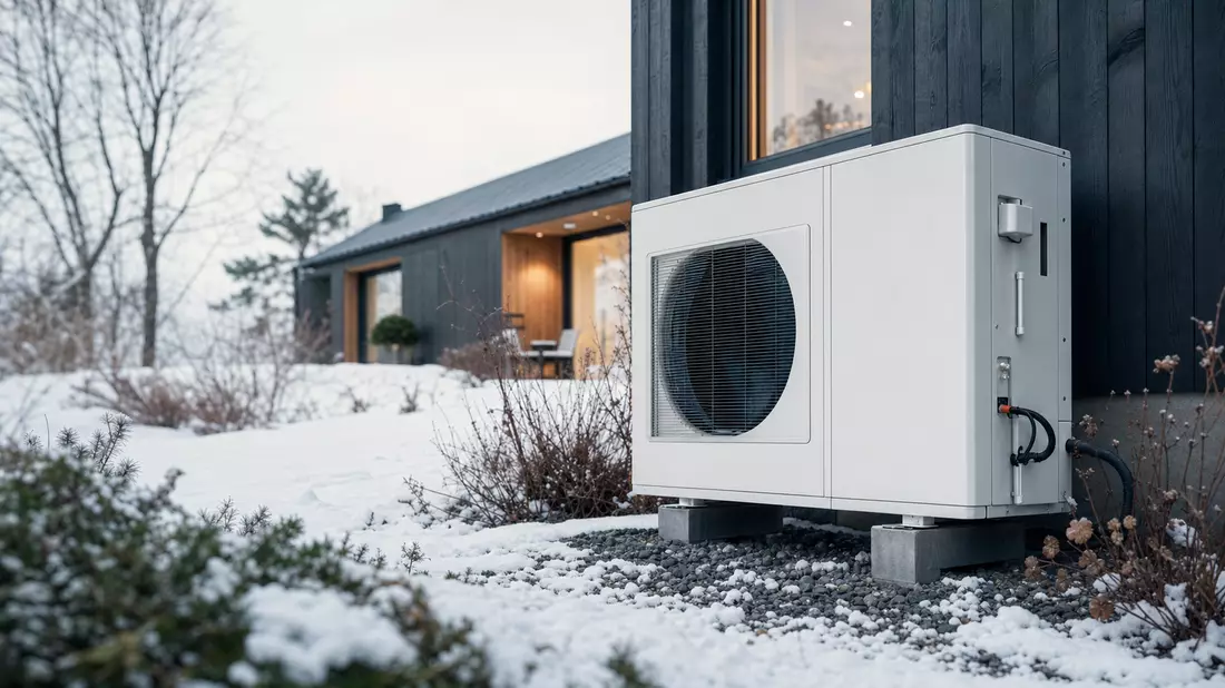 Weiße Wärmepumpe steht winters neben dunklem Holzhaus im Schnee