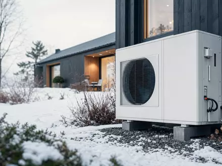 Nibe Industrier AB (SE0015988019) zeigt moderne Luft-Wasser-Wärmepumpe am winterlichen Einfamilienhaus in Skandinavien - Foto: THN