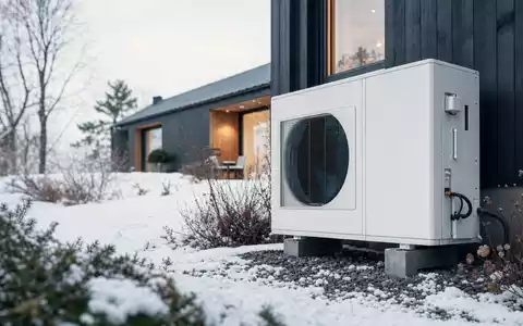 Nibe Industrier AB (SE0015988019) zeigt moderne Luft-Wasser-Wärmepumpe am winterlichen Einfamilienhaus in Skandinavien - Foto: THN