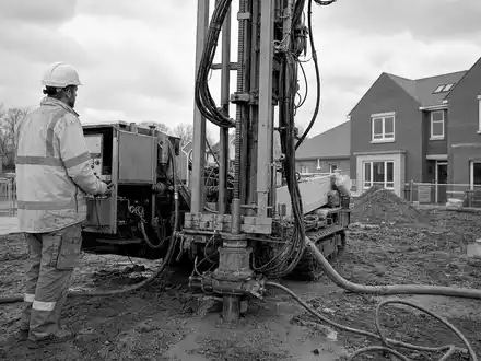 Nibe Industrier AB (SE0015988019) dokumentiert Erdwärme Bohrarbeiten für eine moderne Sole Wasser Wärmepumpe auf Baustelle - Foto: THN