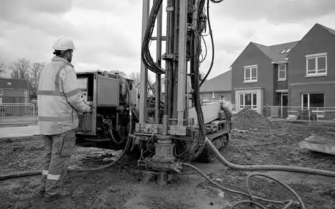 Nibe Industrier AB (SE0015988019) dokumentiert Erdwärme Bohrarbeiten für eine moderne Sole Wasser Wärmepumpe auf Baustelle - Foto: THN