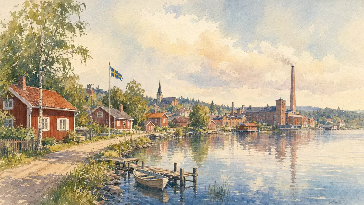 Aquarell zeigt schwedisches Dorf mit Fabrikgebäude am Seeufer