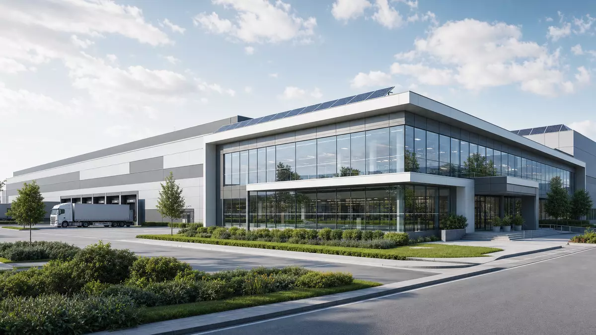 3D-Render zeigt gläserne Industrieanlage mit Solardach und Lieferwagen
