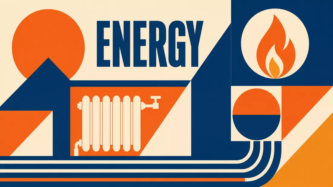Bauhaus-Grafik zeigt Heizkörper, Flamme und geometrische Formen in Orange