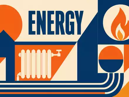Nibe Industrier AB (SE0015988019) illustriert geometrisches Bauhaus Poster mit stilisiertem Heizkörper und dem Wort ENERGY - Foto: THN