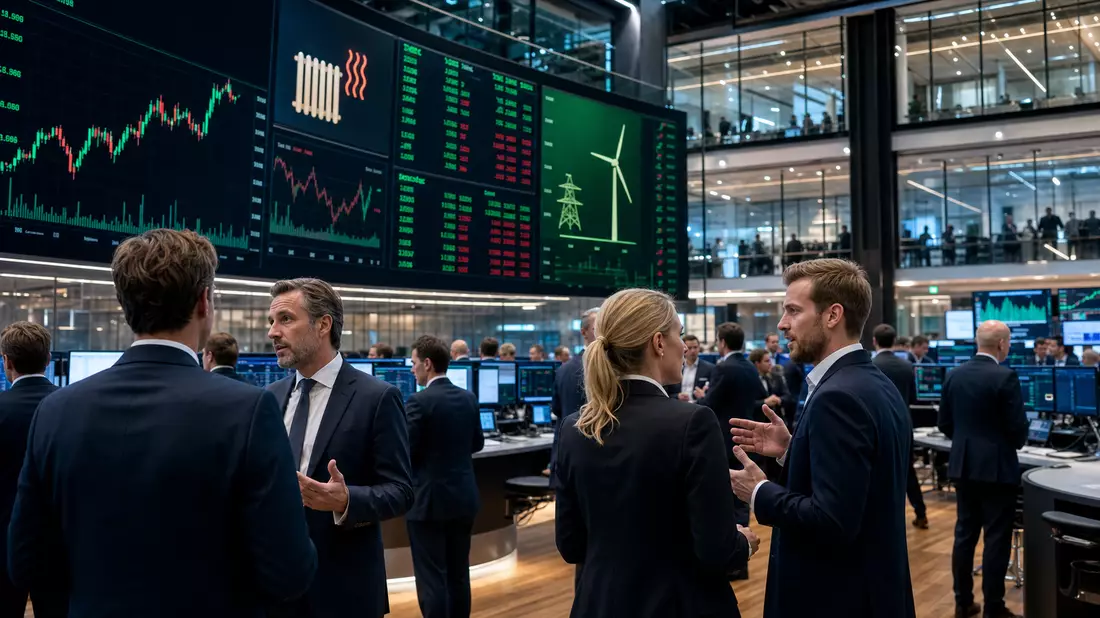 Trader diskutieren vor Bildschirmen mit Charts und Energiesymbolen im Handelsraum