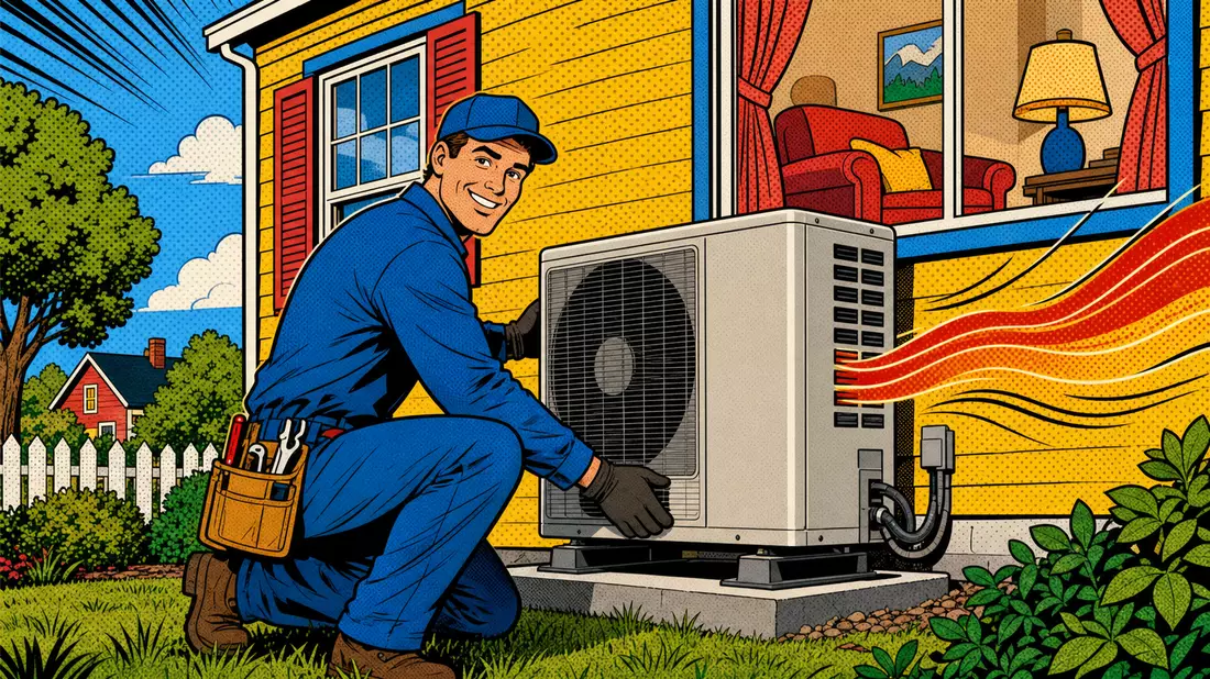 Comic zeigt lächelnden Techniker bei Installation einer Wärmepumpe am Haus