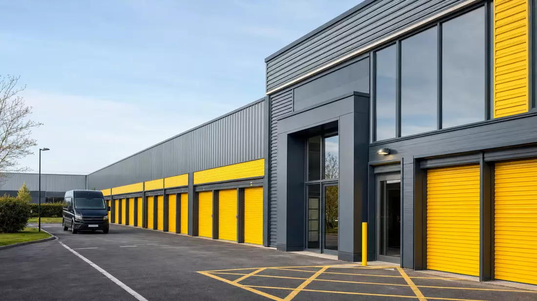 Fotorealistische Selfstorage-Anlage mit gelben Rolltoren und Lieferwagen auf dem Hof