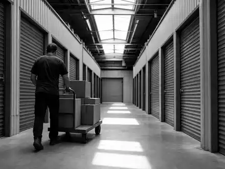 Big Yellow Group plc (ISIN GB0002869419): dokumentarische Schwarzweiß-Reportage aus einem Selfstorage-Lagerkorridor mit Arbeiter - Foto: THN