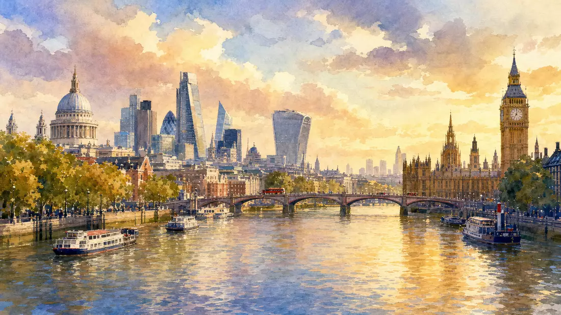 Aquarellbild der Londoner Skyline mit Themse, Brücke und historischen Gebäuden