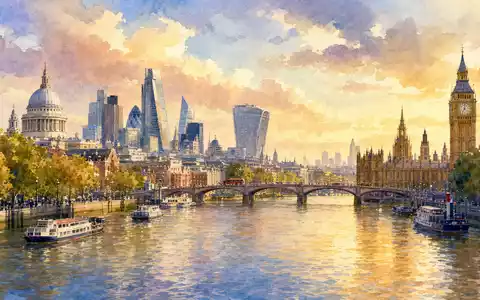 Big Yellow Group plc (ISIN GB0002869419): Aquarellmalerei der Londoner Skyline entlang der Themse bei Sonnenuntergang - Foto: THN