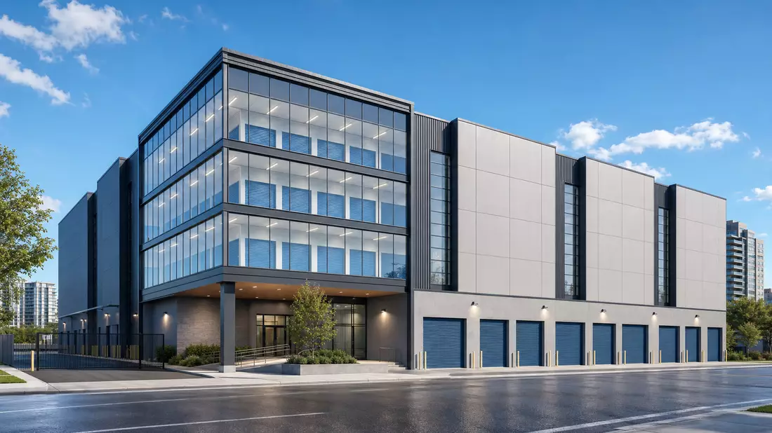 3D-Architekturvisualisierung eines modernen Selfstorage-Gebäudes mit Glas- und Stahlfassade
