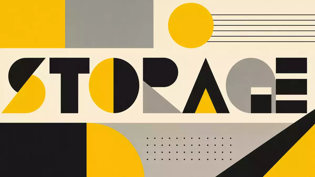 Bauhaus-Poster mit geometrischen Formen und großem Schriftzug STORAGE in Gelb und Schwarz
