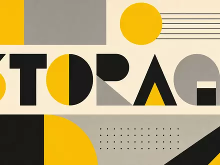 Big Yellow Group plc (ISIN GB0002869419): geometrisches Bauhaus-Poster mit stilisiertem Schriftzug STORAGE in Gelb-Schwarz-Grau - Foto: THN