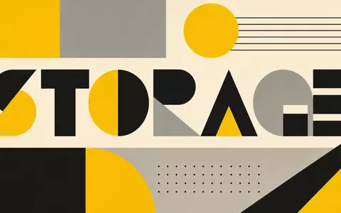 Big Yellow Group plc (ISIN GB0002869419): geometrisches Bauhaus-Poster mit stilisiertem Schriftzug STORAGE in Gelb-Schwarz-Grau - Foto: THN