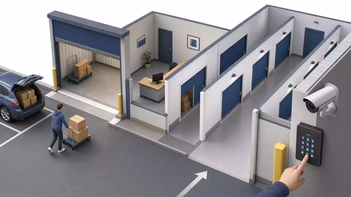 Isometrische 3D-Grafik zeigt Kunde, Lagereinheiten, Kamera und Zugangstastenfeld einer Storage-Anlage