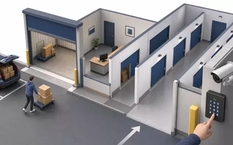 Big Yellow Group plc (ISIN GB0002869419): isometrische 3D-Illustration der Selfstorage-Wertschöpfungskette mit Zugangs-Tastenfeld - Foto: THN