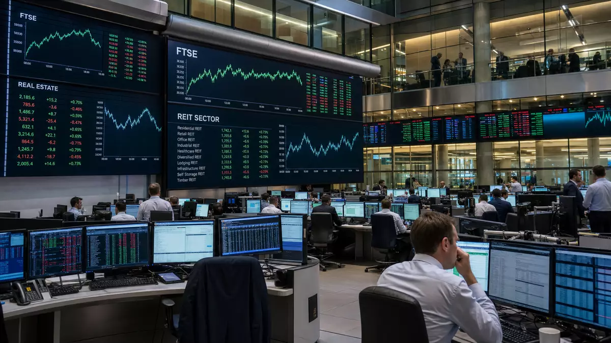 Trading-Floor mit großen Bildschirmen zu FTSE-Index und REIT-Sektor-Kursverläufen