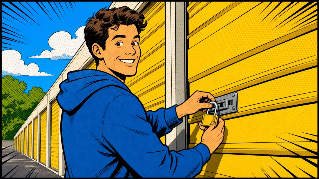 Pop-Art-Comic zeigt lächelnde Person, die ein gelbes Selfstorage-Rolltor verschließt