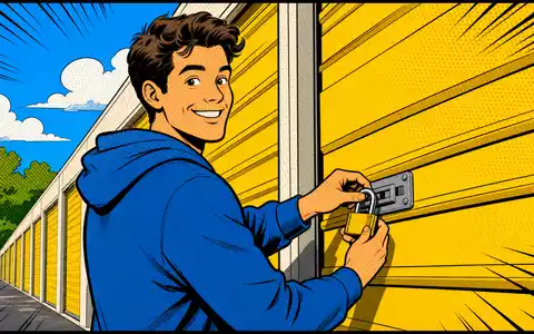 Big Yellow Group plc (ISIN GB0002869419): farbige Pop-Art-Comic-Szene einer lächelnden Person am gelben Storage-Rolltor - Foto: THN