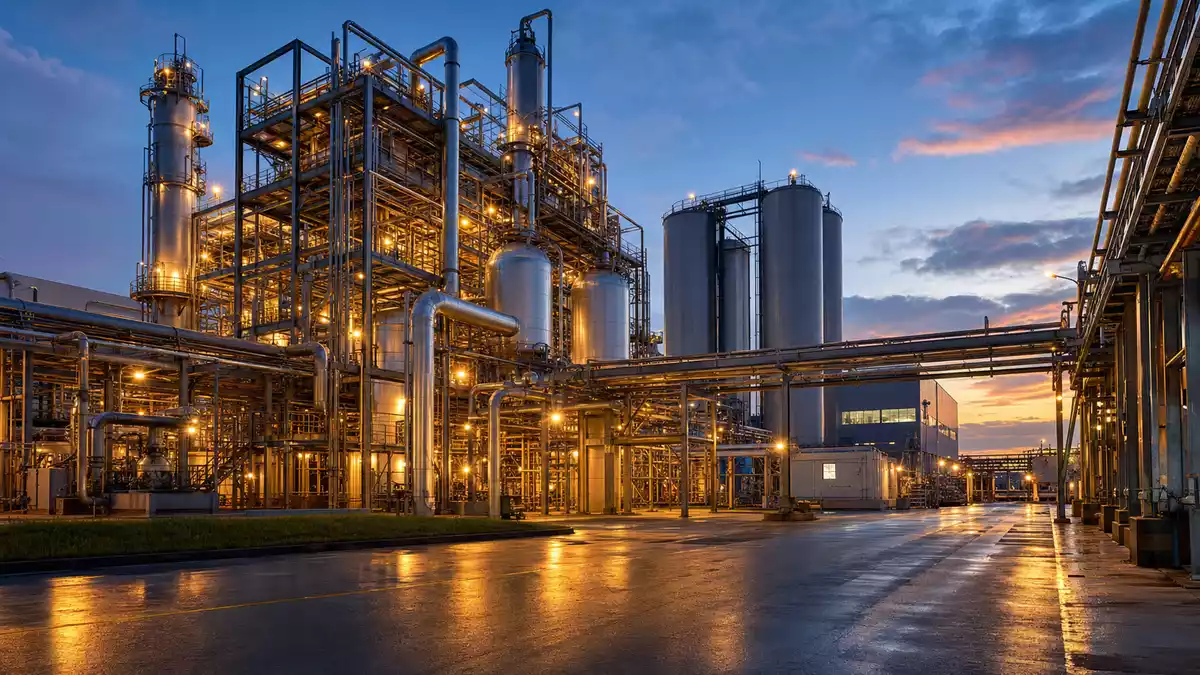 Chemische Produktionsanlage mit Reaktoren und Silos in der Abenddämmerung