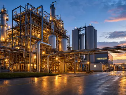 Victrex plc (ISIN GB0009292243) betreibt moderne Chemieanlagen zur Herstellung von Hochleistungspolymeren in der Abenddämmerung - Foto: THN