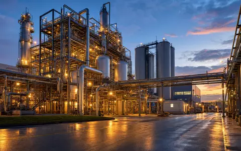 Victrex plc (ISIN GB0009292243) betreibt moderne Chemieanlagen zur Herstellung von Hochleistungspolymeren in der Abenddämmerung - Foto: THN