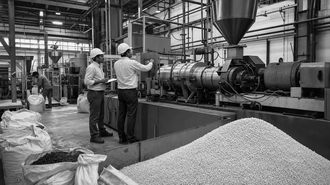 Schwarzweiß-Reportagefoto einer Polymer-Extrusionsfabrik mit Ingenieuren