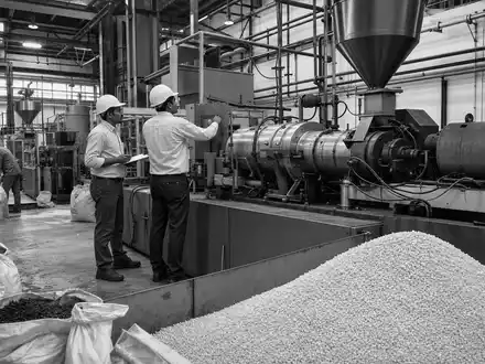 Victrex plc (ISIN GB0009292243) fertigt Polymergranulat, dokumentarisch in Schwarzweiß auf einer Fabrikhalle festgehalten - Foto: THN
