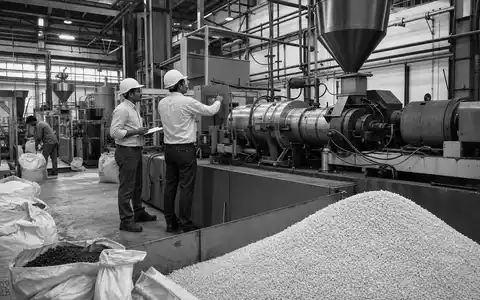 Victrex plc (ISIN GB0009292243) fertigt Polymergranulat, dokumentarisch in Schwarzweiß auf einer Fabrikhalle festgehalten - Foto: THN