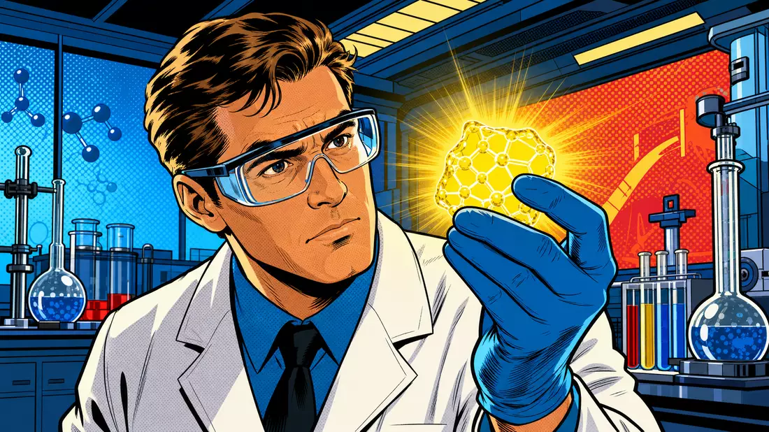 Pop-Art-Comic eines Wissenschaftlers mit leuchtender Polymerprobe im Labor