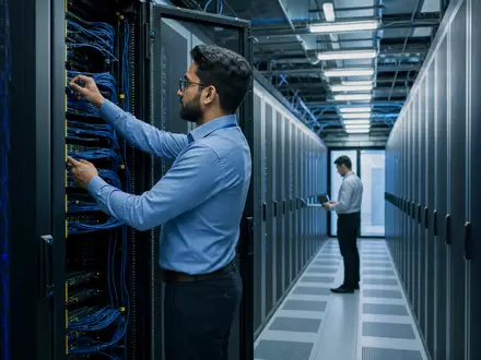 Computacenter plc GB00BV9FP302 zeigt fotorealistisches Rechenzentrum mit Technikern bei Netzwerkwartung an ServerschrÀnken - Foto: THN