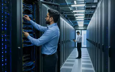Computacenter plc GB00BV9FP302 zeigt fotorealistisches Rechenzentrum mit Technikern bei Netzwerkwartung an Serverschränken - Foto: THN