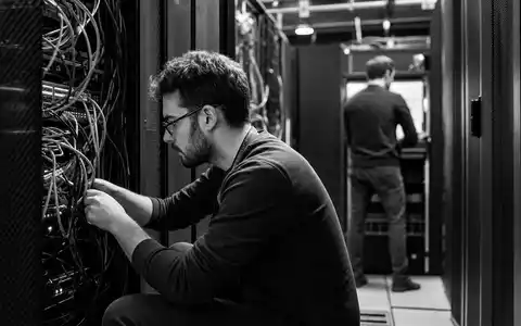 Computacenter plc GB00BV9FP302 dargestellt als dokumentarische Schwarzweiß-Reportage von zwei IT-Technikern im engen Serverraum - Foto: THN